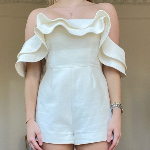 C/MEO Collective white romper with ruffles. Off the shoulder - Picture 1 of 3